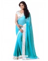 Crape Silk Skyblue and White Color Sari