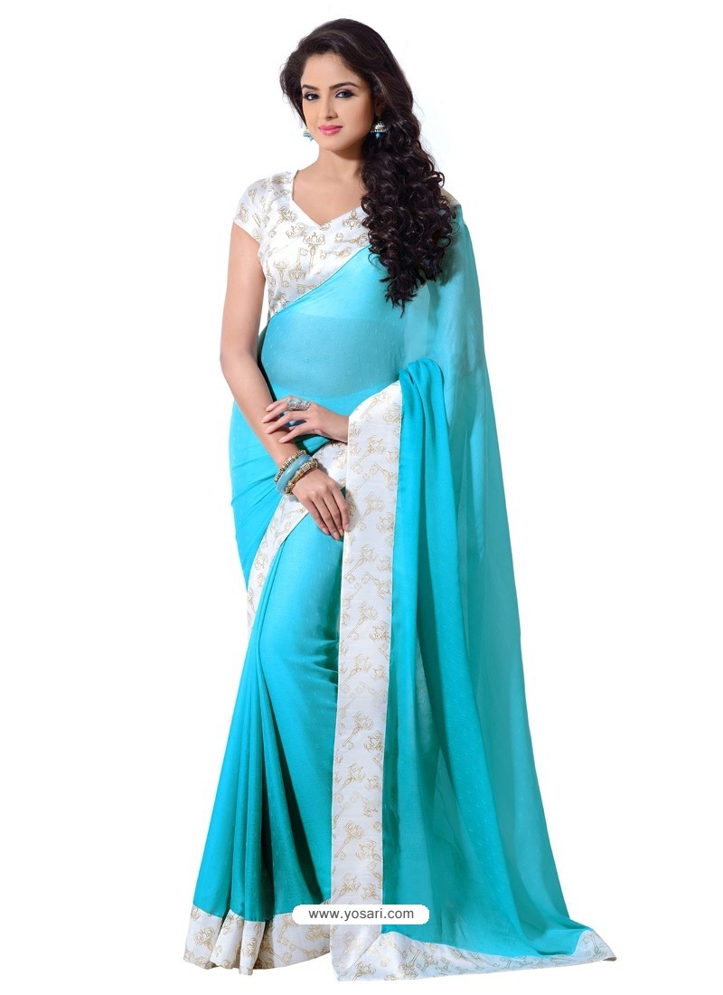 Crape Silk Skyblue and White Color Sari