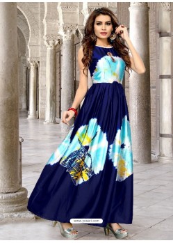 Buy Gorgeous Navy Blue Satin Silk Printed Designer Kurtis | Party Wear ...