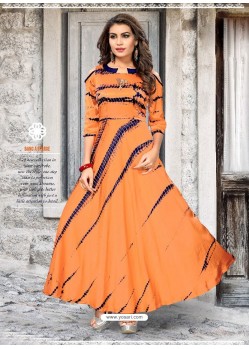Pretty Orange Satin Silk Printed Designer Kurtis