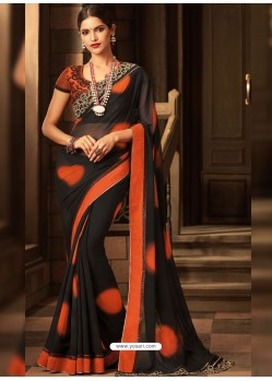 Black And Orange Georgette Embroidered Designer Party Wear Saree