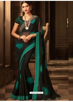 Black And Dark green Georgette Embroidered Designer Party Wear Saree