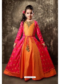 Orange And Fuchsia Silk Designer Gown