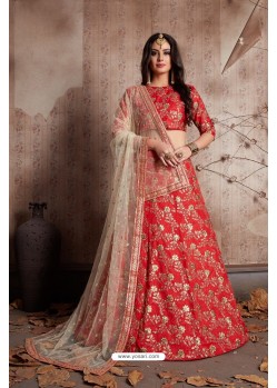 Tomato Red Silk Embroidered Designer Lehenga Choli