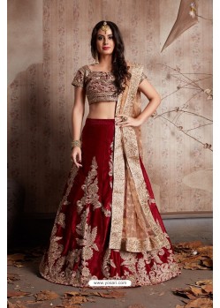 Beige And Maroon Velvet Embroidered Designer Lehenga Choli