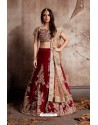 Beige And Maroon Velvet Embroidered Designer Lehenga Choli