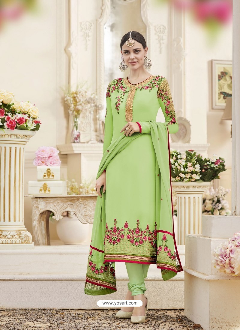 Buy Green Georgette Embroidered Designer Churidar Suit | Churidar ...