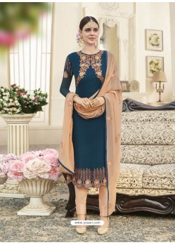 Peacock Blue And Peach Georgette Embroidered Designer Churidar Suit