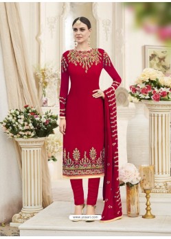 Red Georgette Embroidered Designer Churidar Suit