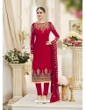 Red Georgette Embroidered Designer Churidar Suit