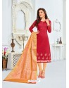 Red And Peach Chanderi Cotton Embroidered Designer Churidar Suit