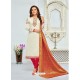 Off White And Red Chanderi Cotton Embroidered Designer Churidar Suit