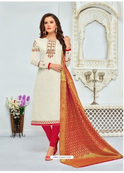 Off White And Red Chanderi Cotton Embroidered Designer Churidar Suit