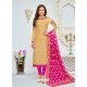 Beige And Pink Chanderi Cotton Embroidered Designer Churidar Suit