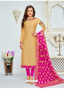 Beige And Pink Chanderi Cotton Embroidered Designer Churidar Suit