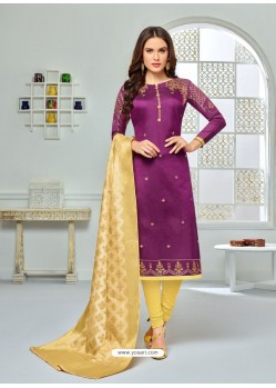 Purple And Cream Chanderi Cotton Embroidered Designer Churidar Suit