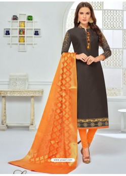 Black And Orange Chanderi Cotton Embroidered Designer Churidar Suit