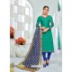 Jade Green And Blue Chanderi Cotton Embroidered Designer Churidar Suit