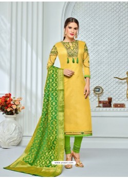 Yellow And Green Chanderi Cotton Embroidered Designer Churidar Suit
