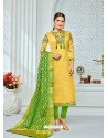 Yellow And Green Chanderi Cotton Embroidered Designer Churidar Suit