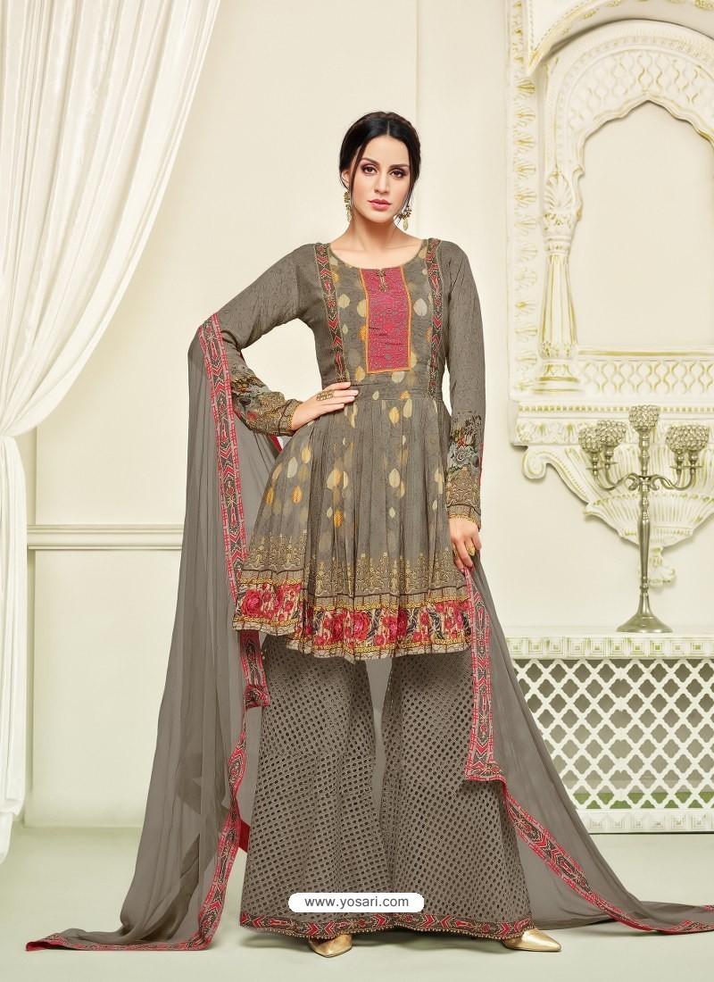 Buy Dull Grey Georgette Printed And Embroidered Designer Sarara Suit ...
