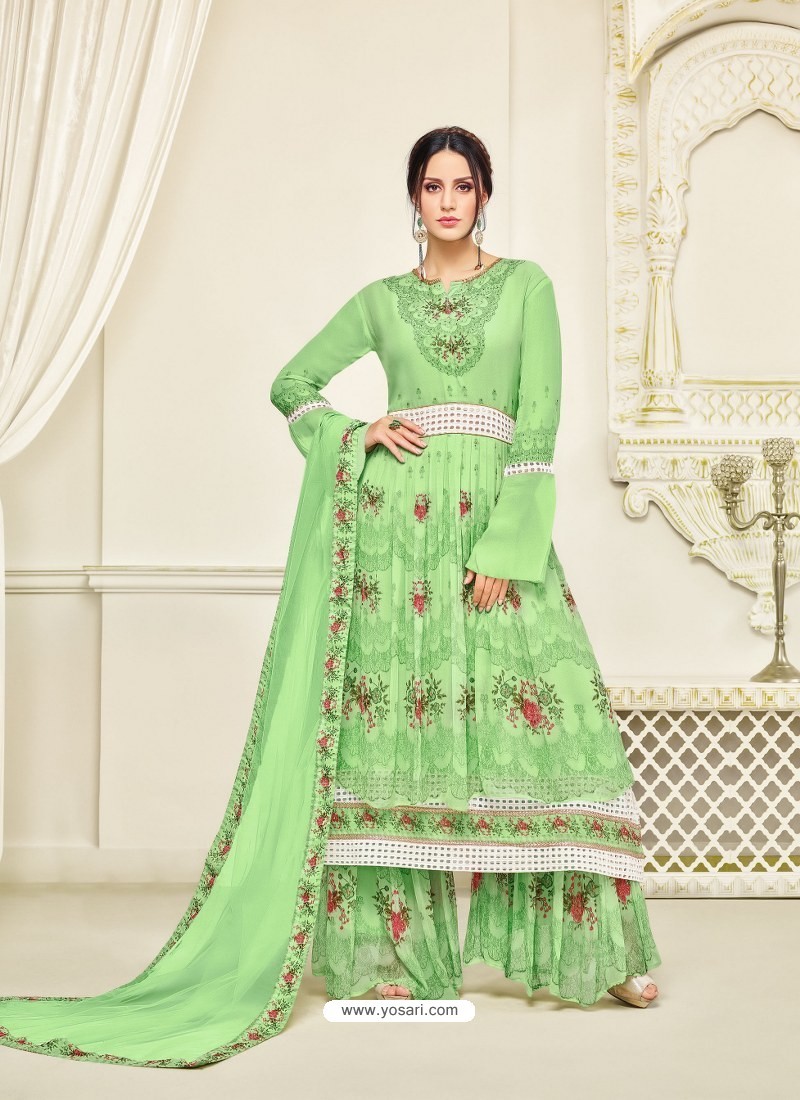 Buy Green Georgette Printed And Embroidered Designer ...