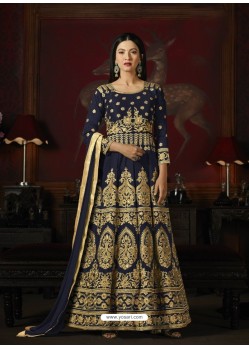 Navy Blue Malburry Silk Embroidered Designer Anarkali Suit