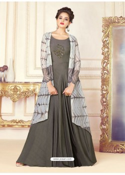 Dull Grey Cotton Blend Printed Hand Worked Designer Gown