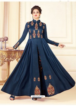 Navy Blue Cotton Blend Printed Thread Worked Designer Gown