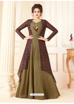 Olive Green And Multi Colour Cotton Blend Printed Designer Gown