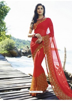 Fashionistic Red Digital Printed Georgette Designer Saree