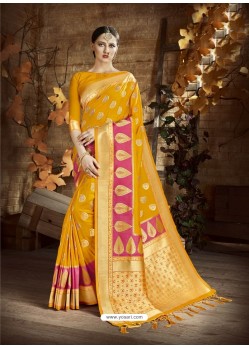 Yellow Cora Silk Designer Party Wear Saree