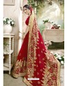 Extraordinary Red Embroidered Faux Georgette Designer Saree With Lace Border