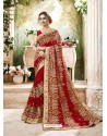 Wonderful Red Embroidered And Lace Border Faux Georgette Designer Saree