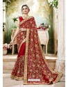 Attractive Red Embroidered Faux Georgette Designer Saree With Lace Border