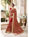 Graceful Red Heavy Embroidered Faux Georgette Designer Saree