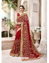 Heavenly Red Embroidered Faux Georgette Designer Saree With Lace Border