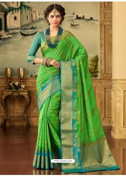 Parrot Green Zari Worked Designer Silk Saree