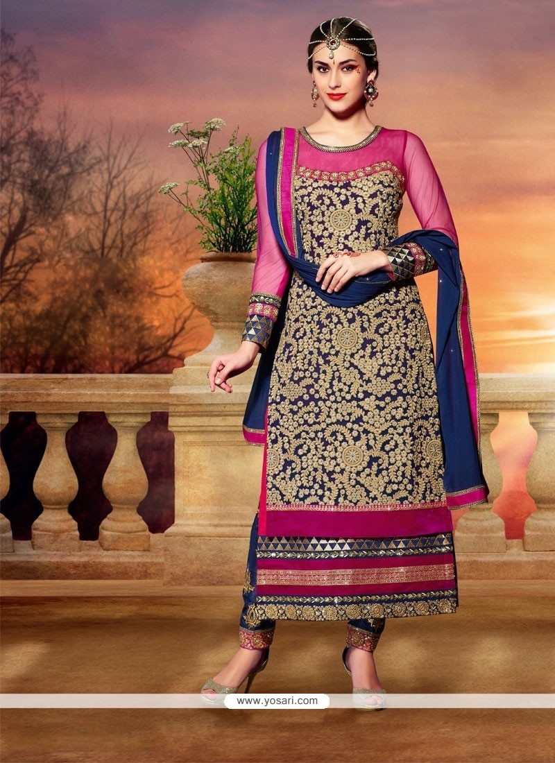 Navy Blue Embroidery Work Churidar Suit