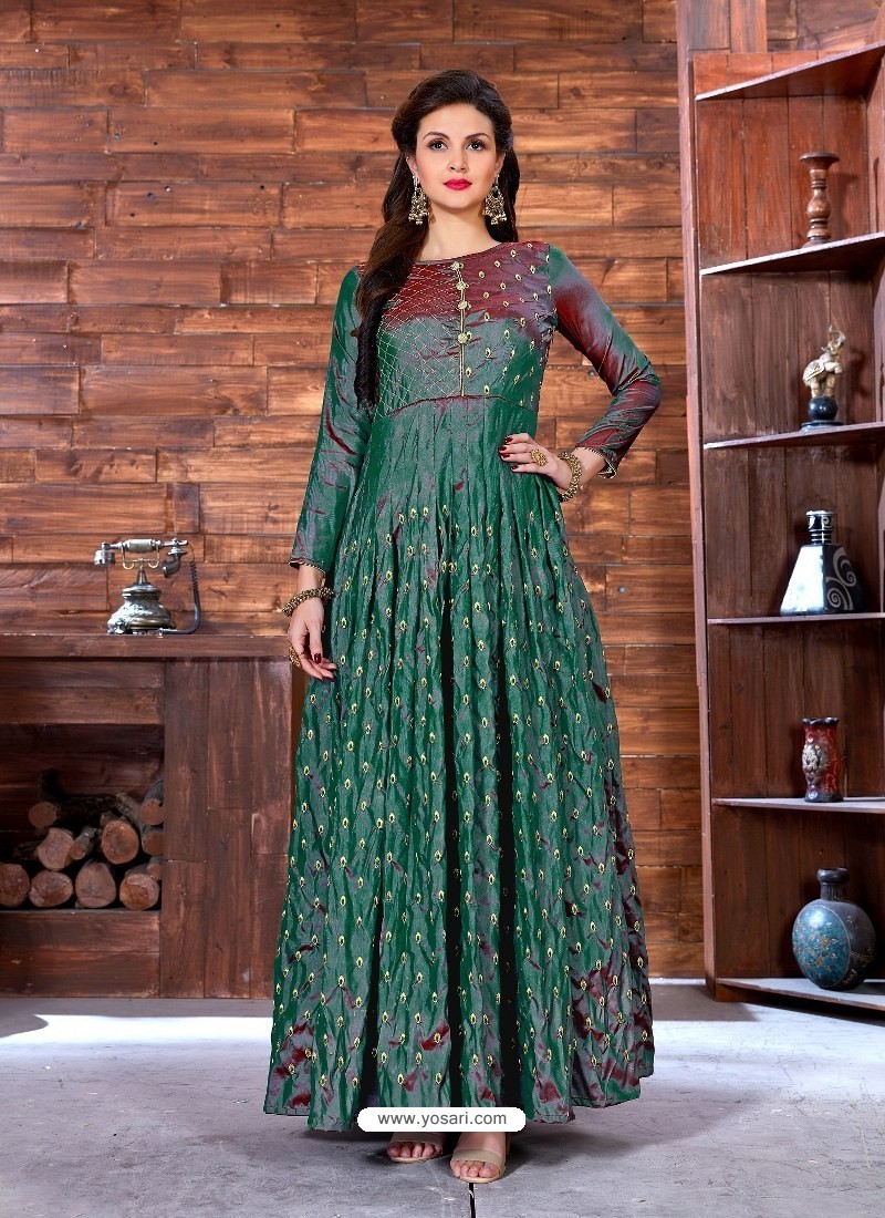 Buy Teal Art Silk Embroidered Designer Gown | Gowns