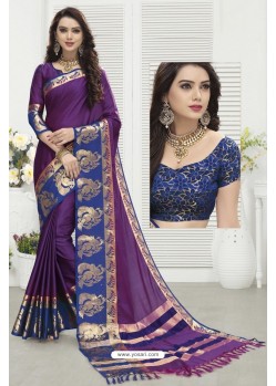 Purple Cotton Blended Designer Saree