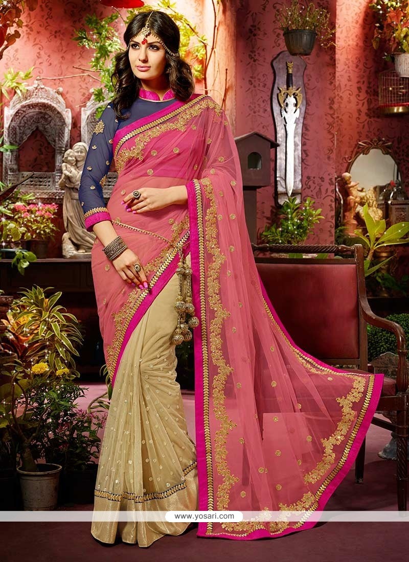 Delightful Pink And Beige Shaded Net Saree