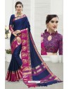 Navy Blue Cotton Blended Designer Saree