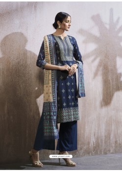 Navy Blue Lawn Cotton Embroidered Designer Palazzo Suit