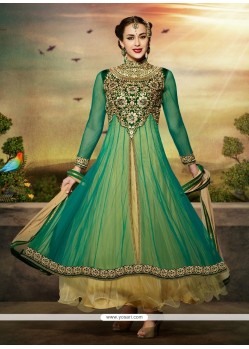 Green And Cream Net Anarkali Salwar Suit