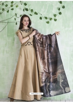 Biege Embroidered Designer Party Wear Silk Gown