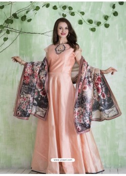 Peach Embroidered Designer Party Wear Silk Gown