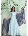 Sky Blue Embroidered Designer Party Wear Silk Gown