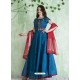 Peacock Blue Embroidered Designer Party Wear Silk Gown