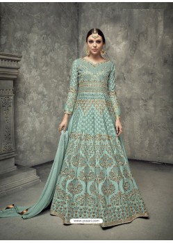 Sky Blue Tussar Silk Embroidered Designer Floor Length Anarkali Suit